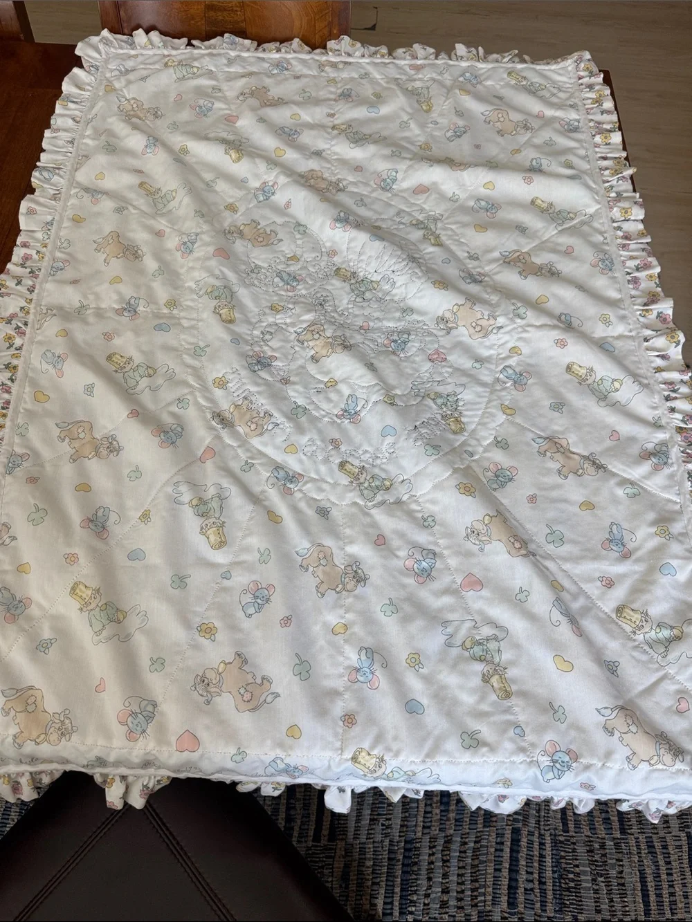 Vintage Precious Moments Quilted Baby Blanket with Ruffle Trim approx 50inX34in